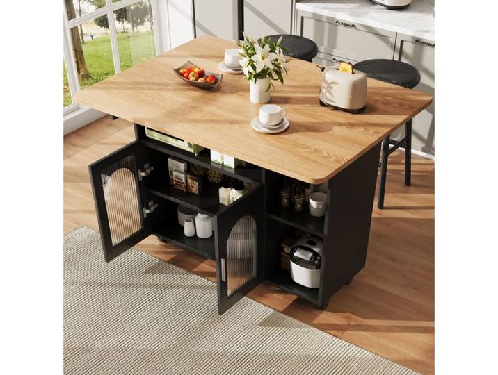 Îlot de cuisine moderne sur roulettes avec plan de travail rangement et finition effet bois desserte multifonctionnelle noir