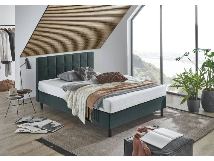 Boxbett Nikola , grün (dunkelgrün), B:142cm L:210cm, ATLANTIC HOME COLLECTION, Komplettbetten, Boxbett, Massivholzfüssen, mit / ohne Matratze, in H2 und H3 erhältlich