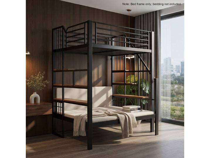 CollaHausse Lit Superposé 90x200 cm Noir en Métal avec Canapé Rangement et Échelle