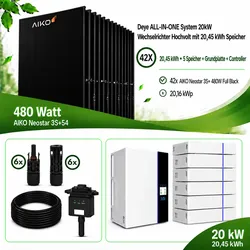 PV  Komplettset  20,16  kWp  -  42x  AIKO  480W  Full  Black  -  Deye  20  kW  Hybrid  Wechselrichter  +  20,45  kWh  Speicher