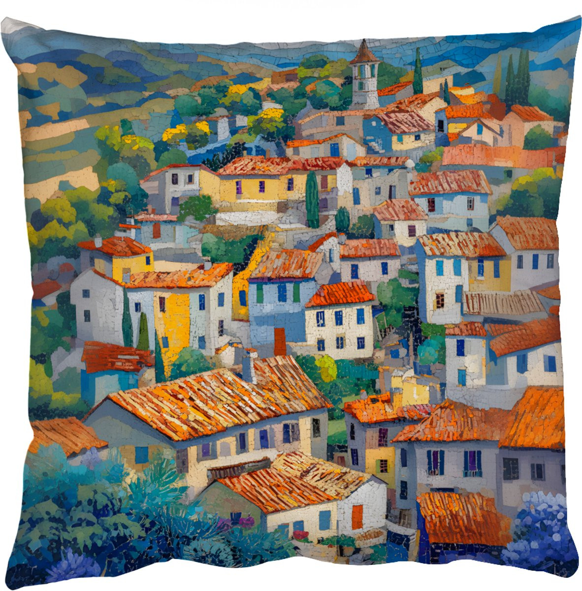PillowMonkey Sierkussen Dorp Heuvels Landschap Bomen 50 x 50 cm