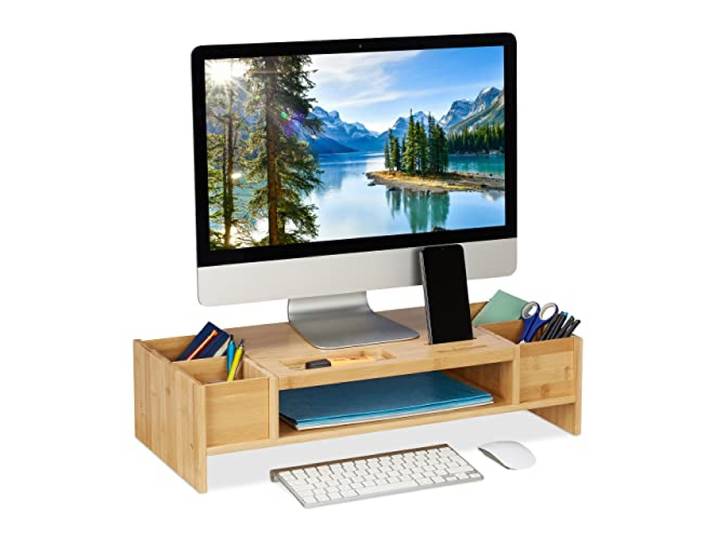 Relaxdays Support Moniteur Bambou\, rehausseur écran à Compartiments\, HLP 15\,5x62\,5x28 cm\, Dessous d’Ordinateur\, Naturel
