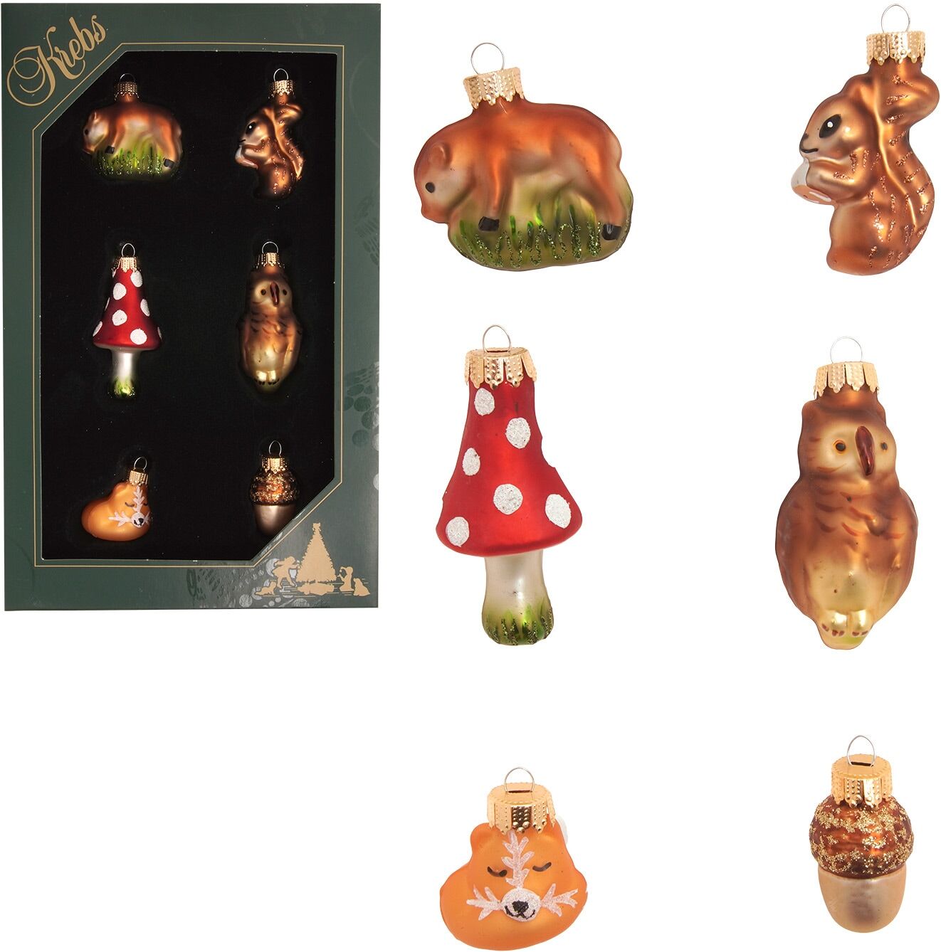 Weihnachtsbaumkugel KREBS GLAS LAUSCHA "Baumschmuck Miniset Waldtiere mehrfarbig 5cm", braun (mehrfarbig), B:3cm H:5cm T:3cm Ø:5cm, Glas, Weihnachtsbaumkugeln, Weihnachtsbaumkugel, Dekoriert mit Liebe zum Detail mehrfarbig 5cm