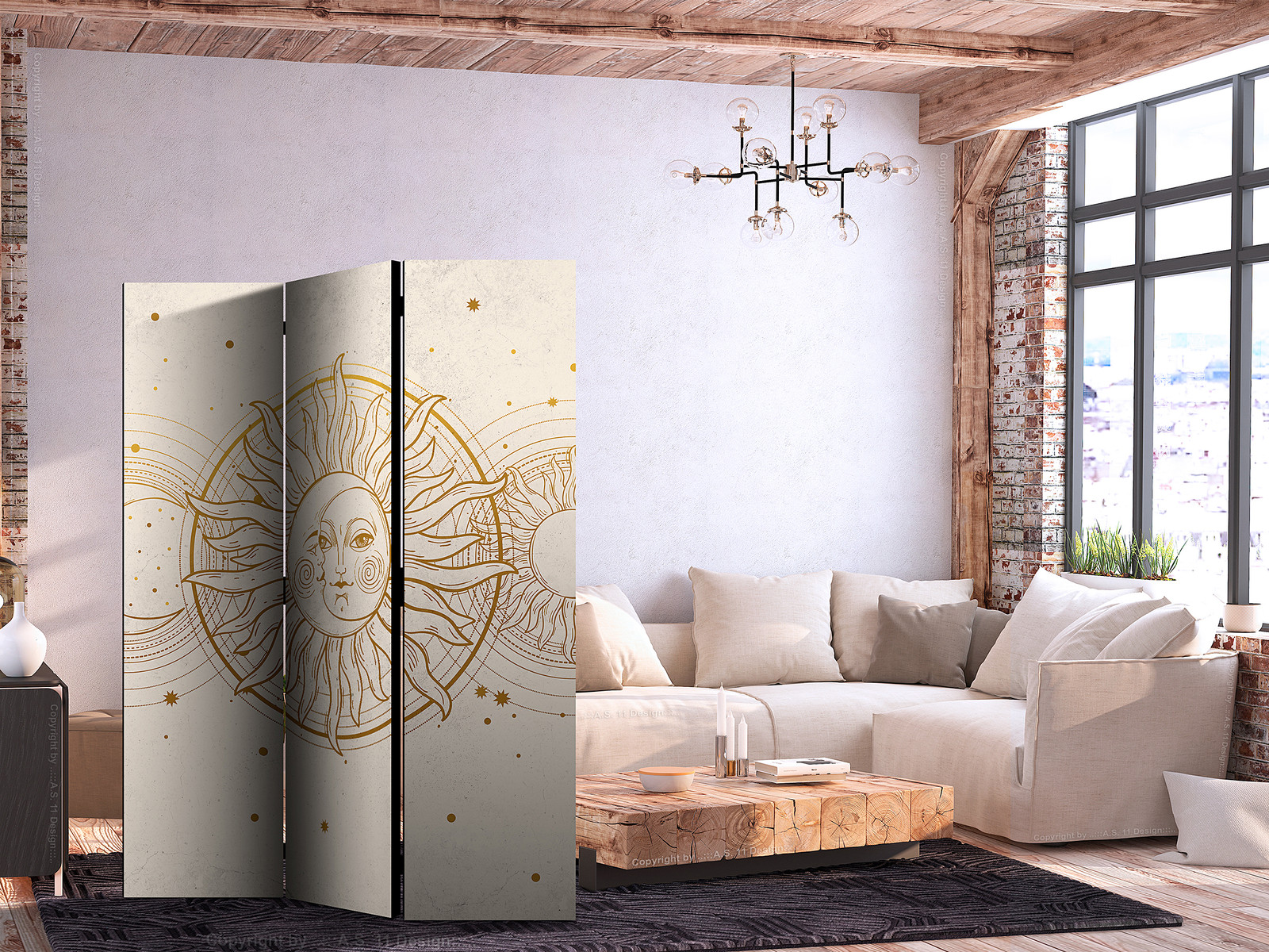 home24 Paravent Golden Sun & Moon, 2-zijdig, geel/beige, B: 135 cm, H: 172 cm