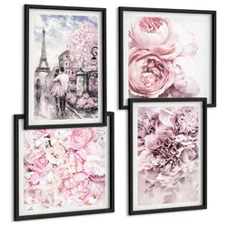 BILDER SET 4er Set - 50x50 cm & 40x60 cm Schwarzer Rahmen - Rosa Blumen, romantische Landschaft