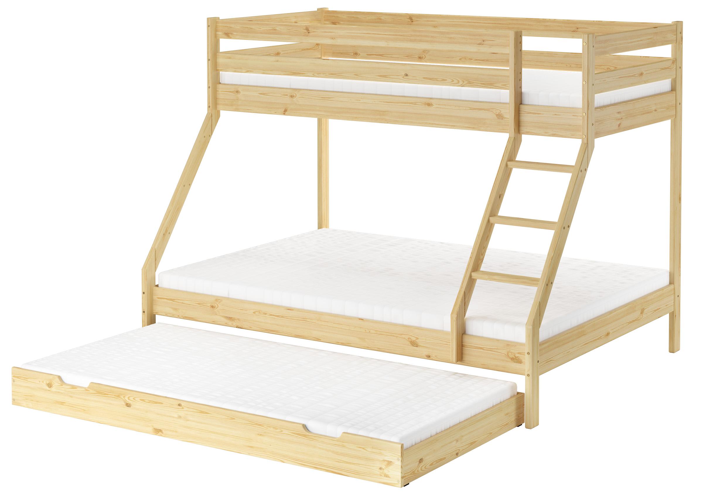 Doppel-Etagenbett 140x200 und 90x200 Erwachsenen-Stockbett Kiefer Zubehör wählbar V-60.19-09-14Rollrost. Matratze und Gästebettkasten inkl.
