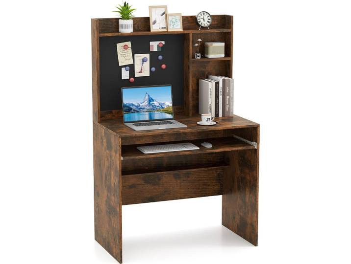 COSTWAY 89x50x138 cm Schreibtisch mit magnetischer Pinnwand, Kleiner Computertisch mit Aufsatz, Tastaturablage & Verstellbarer Ablage, PC-Tisch, Braun