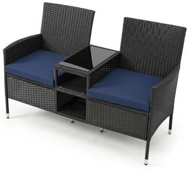 Costway Outdoor Wicker Patio Loveseat with Built-in Glass Side Table-Navy