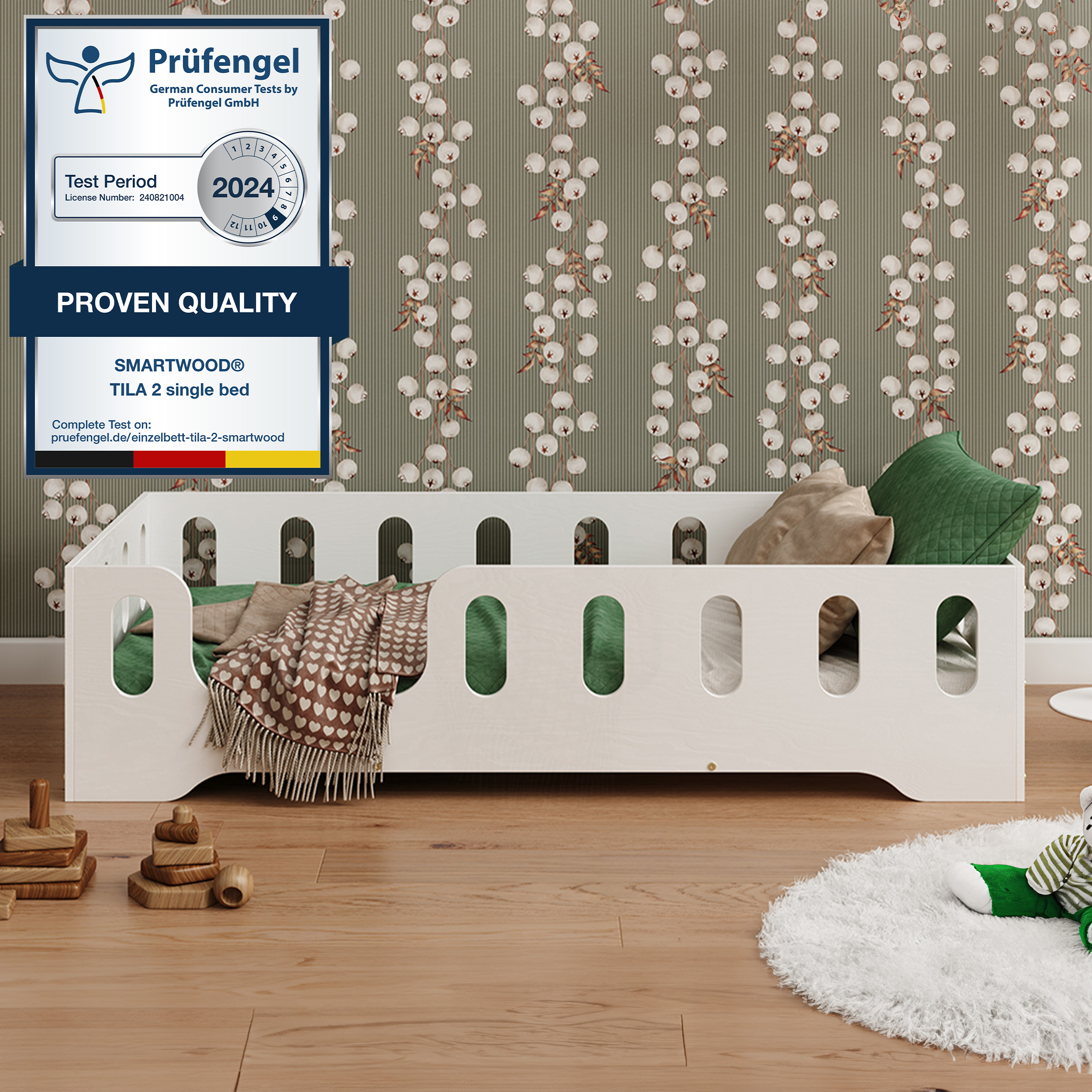 Smartwood Kinderbett 90x200 Holz Montessori Bodenbett mit Rausfallschutz und Lattenrost - Niedriges Bett für Jungen und Mädchen TILA 2L - Weiß