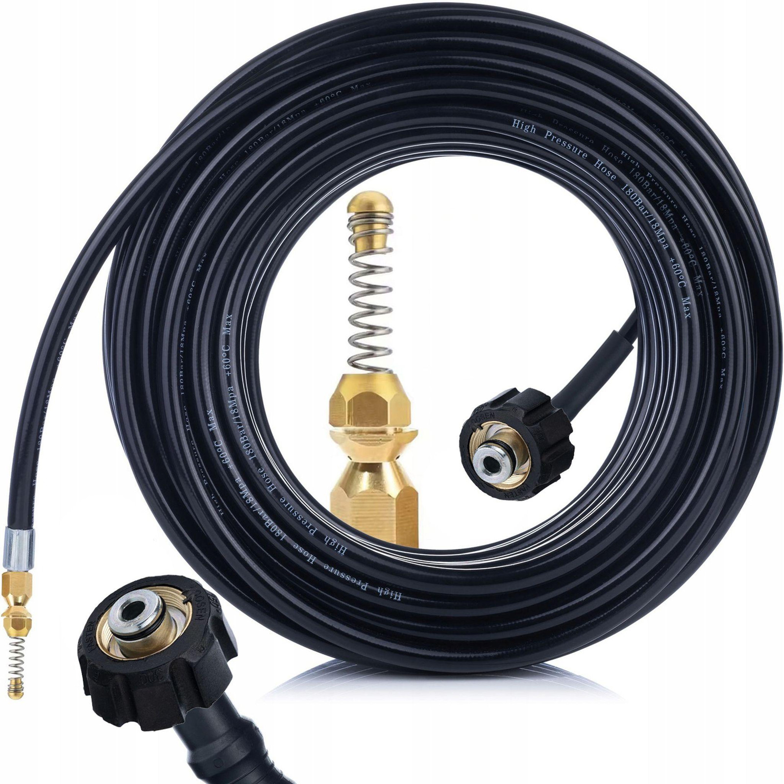 ROSFIX Hogedrukslang met Messing Spuitmond en Veer - 10 m, M22x1,5, 200 bar, 60°C, Compatibel met Kärcher HD HDS Hogedrukreiniger