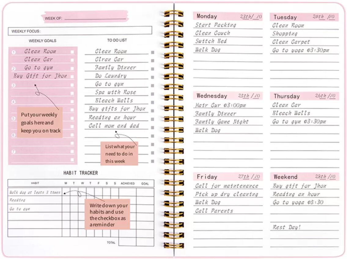 INF Planificateur à spirale non daté de 52 semaines (format A5) - Agenda hebdomadaire français avec listes de tâches Rose