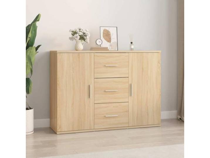 HEFZGDB Minimalistisches Sideboard mit Türen und Schubladen aus Holzwerkstoff in Sonoma-Eiche, bietet große Ablagefläche für Deko und Pflanzen, Glatte Oberfläche und stabile Konstruktion