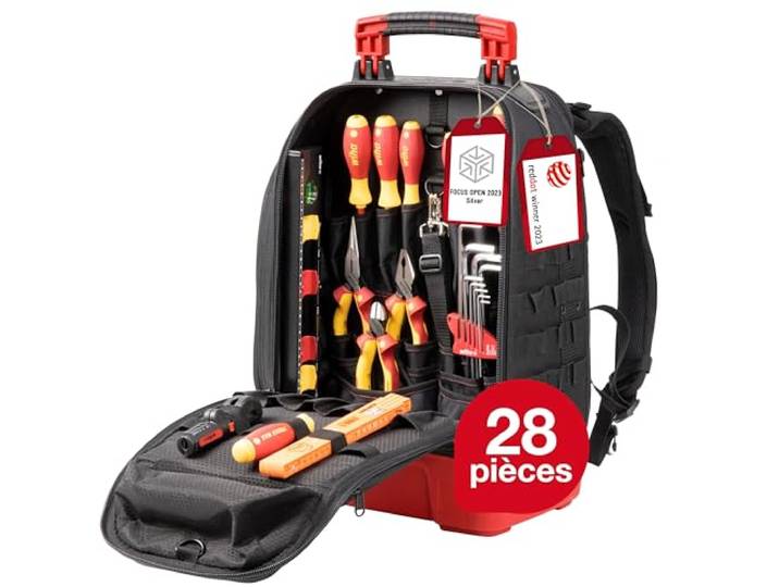 Wiha Sac à dos d'outils électricien professionnel de chantier robuste durable avec compartiment ordinateur et coque solide étanche (45528)