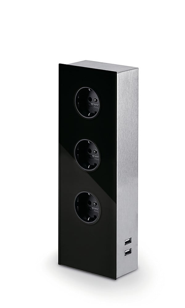 Wipo MIRA Glas-USB stopcontactmodule Zwart - Schuko stekkerdoos met 3 stopcontacten en dubbele USB-lader