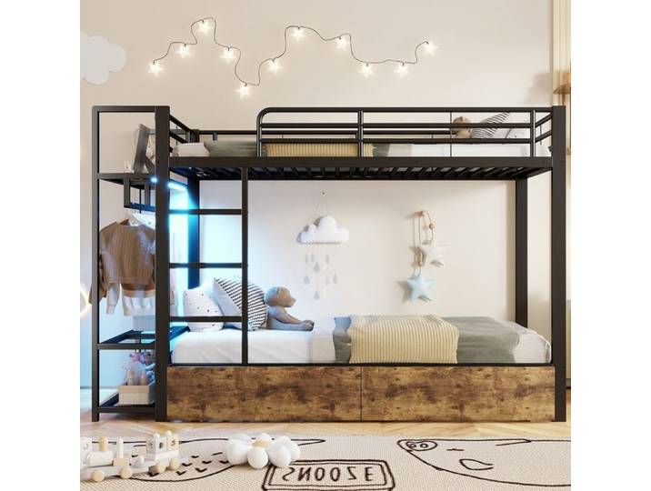 Lit superposé 90x200cm lit enfant avec 2 tiroirs plusieurs étagères lit double avec bande LED et porte-vêtements métal noir