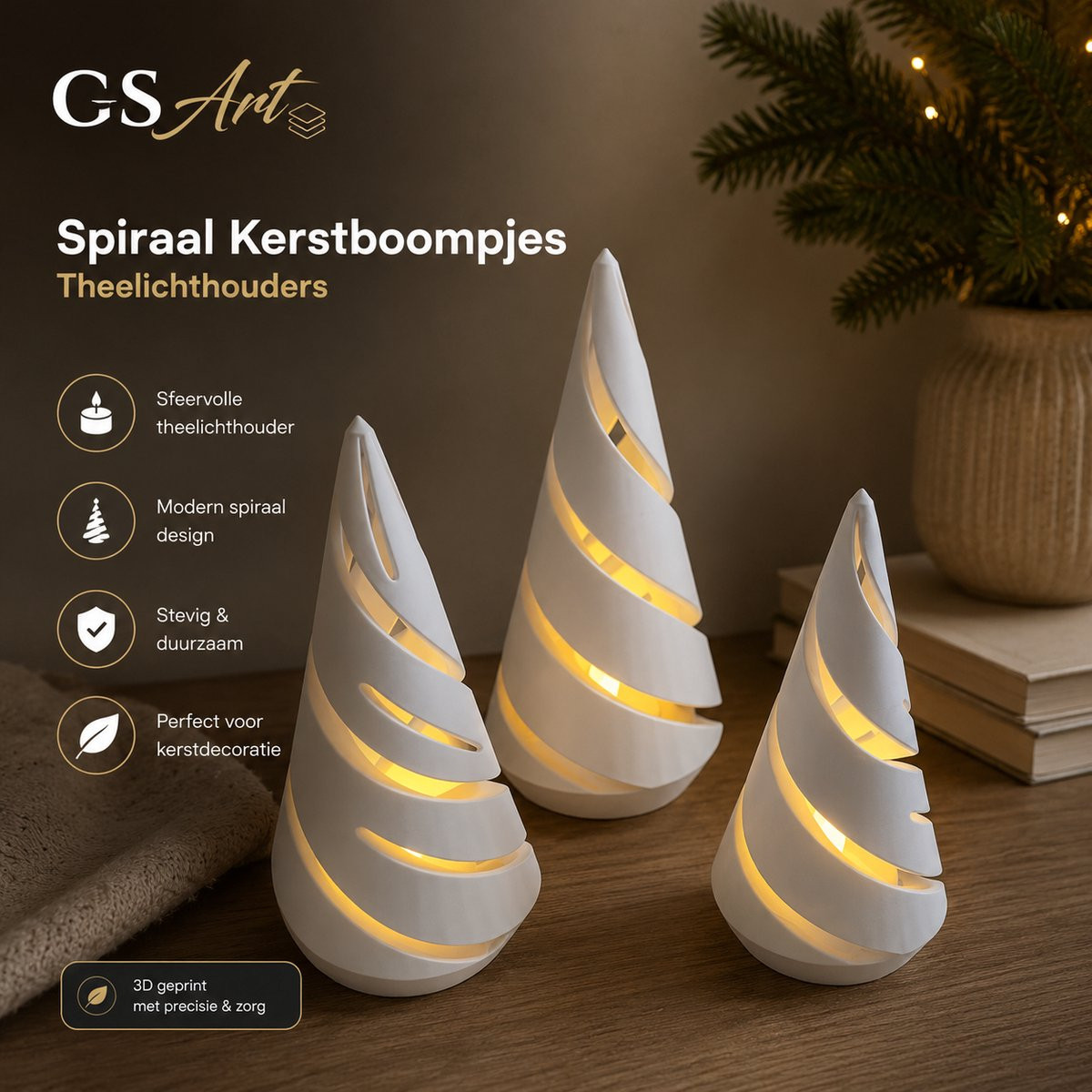 GSArt Spiraal Kerstboompjes Theelichthouders - Set van 3 met LED Theelichtjes - Mat Wit