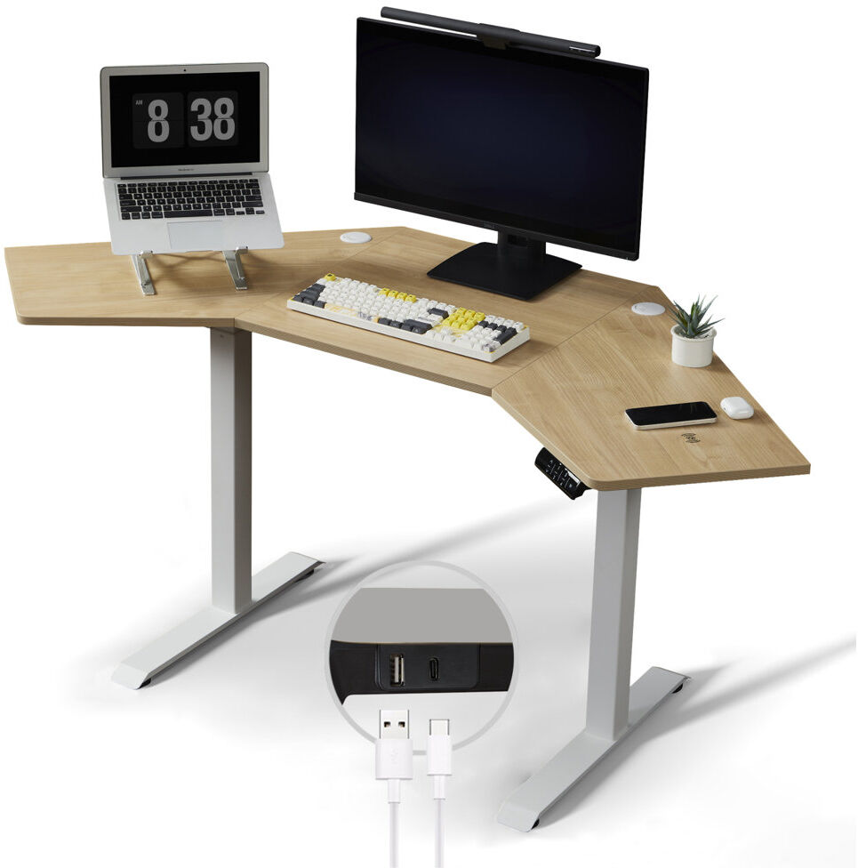 Brayden Studio Balwan Height Adjustable Corner Standing Desk with Wireless & USB Chargers White/Oak