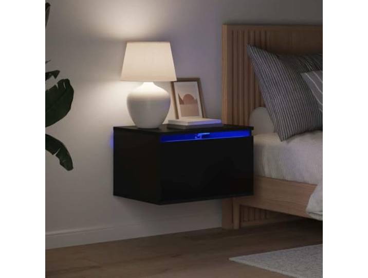 HEFZGDB Wand-Nachttische mit LED-Leuchten 2 STK. Schwarz, RGB Beleuchtung, Holzwerkstoff, Wandmontage Nachttisch, Stauraum Lösung, Moderne Beleuchtung