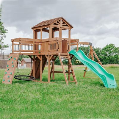 "Backyard Discovery Sterling Point Cedar Wood Swing Set, Slide, Bridge - 20'5"" x 16'9"""