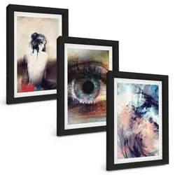 BILDER SET 3er Set - 20x30 cm Schwarzer Rahmen - Porträt einer Frau mit abstrakten Emotionen