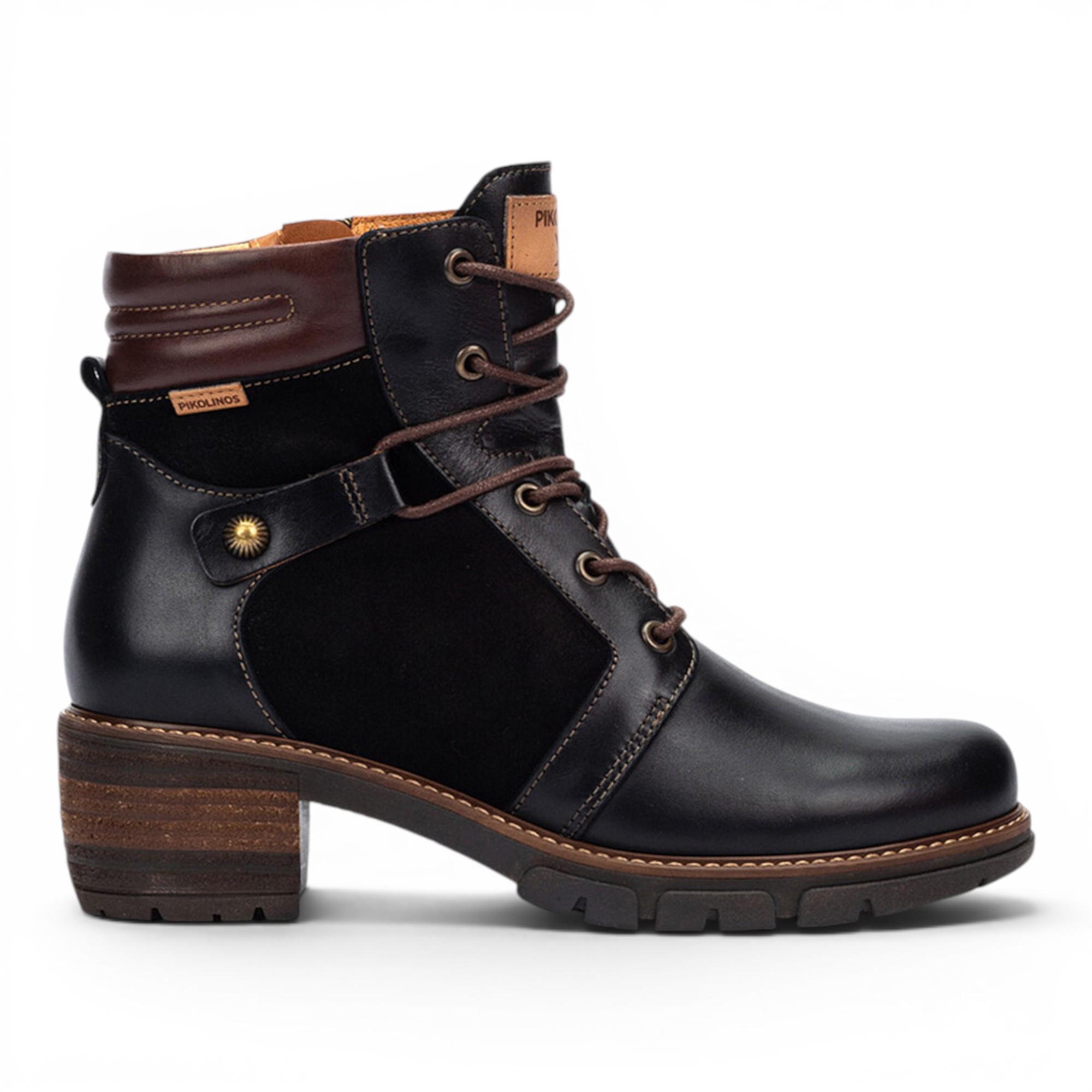Pikolinos Schwarze Lederstiefel mit Reißverschluss und Schnürsenkel – San Sebastia