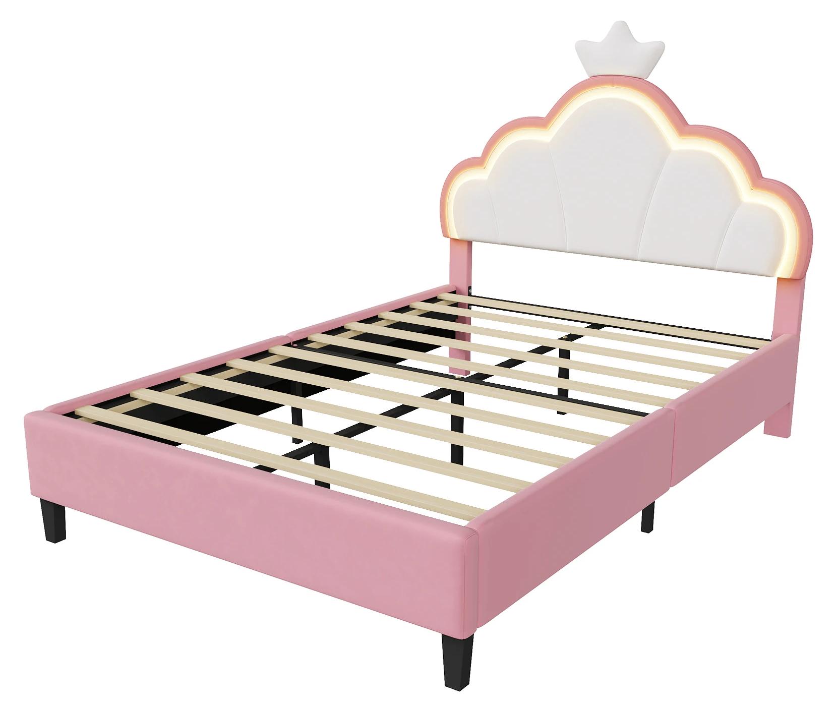 Kinderbett - Gepolsterter Bettrahmen - 140 x 190 cm - Verstellbares Kopfteil in Kronenform - Lattenrost - Stauraum - Rosa/Weiß