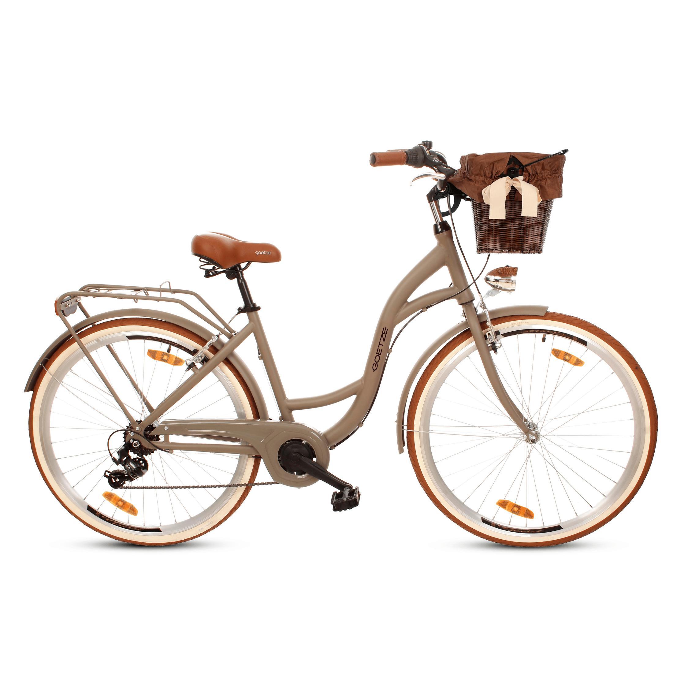 Goetze Mood 28 Zoll City Bike, 18 Zoll ALU Tiefeinsteigerrahmen, 7-Gang Shimano, V-Bremse, LED-Beleuchtung, Komfortsattel, Rattankorb