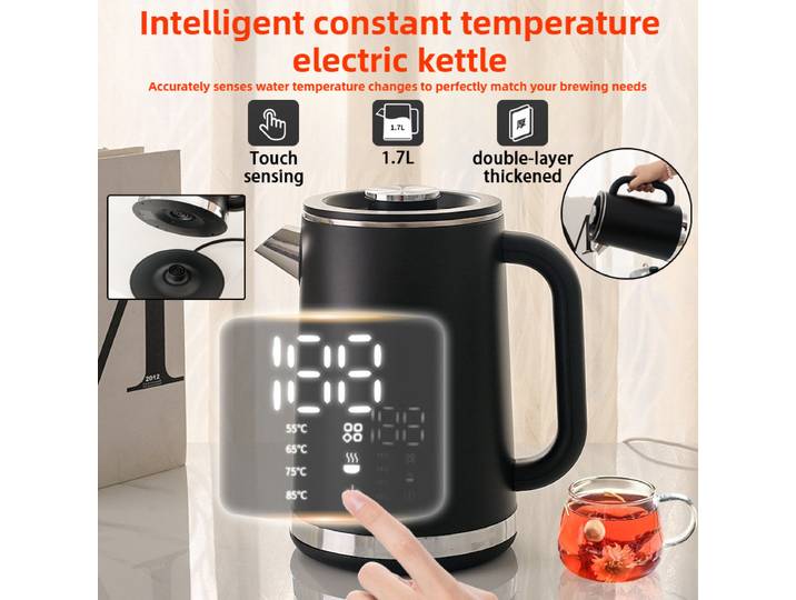 Nouvelle bouilloire électrique intelligente à température constante, bouilloire domestique à double paroi, 1,7 L avec grand écran d'affichage de la température