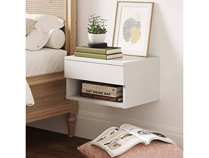 Nathan James Schwebender Schlafzimmer-Nachttisch zur Wandmontage, mit Schublade und modernem offenem Regal, Weiß