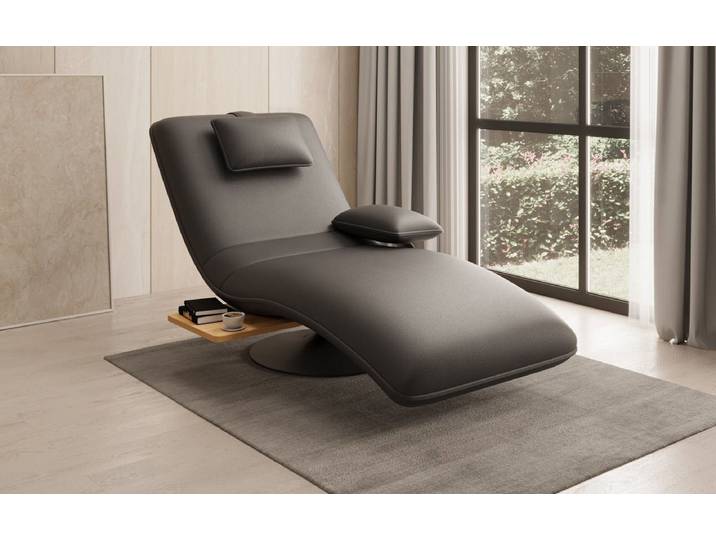 Designer Relax-Liege Velor Echtleder mit Drehfunktion und Beistelltisch - Blau - Links - Echtleder - Luxusbetten24