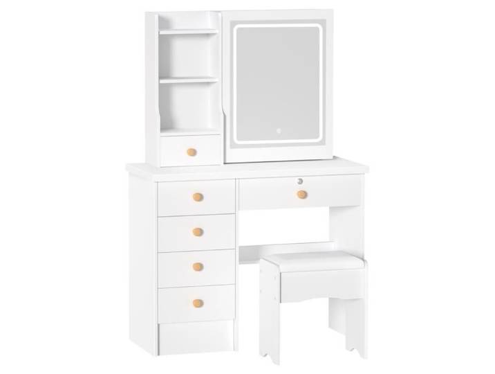 Coiffeuse avec Miroir et Tabouret Confortable - FLASIDU - Table de Maquillage Moderne - 6 Tiroirs - Blanc - 80*36*132CM - Bois