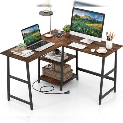 COSTWAY L-förmiger Schreibtisch, Eckschreibtisch mit Steckdosen, USB & Ablagen, für PC & Büro, 120x120x75cm