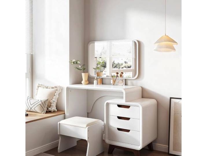 Frisiertisch mit Spiegel und Hocker, modern, cremefarben, mit Schubladen Großer Spiegel, kleiner Schminktisch mit Schubladen–cremefarbener Schminktisch,ideal für das Schlafzimmer