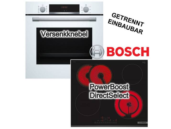 BOSCH Backofen-Set Backofen weiß Hydrolyse 71 L + Elektrokochfeld PowerBoost Bräterzone, Hydrolyse EcoClean Direct