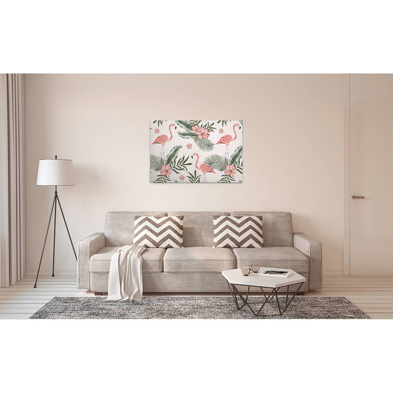home24 Afbeelding Flamingos Tropical Vibes wanddecoratie roze polyester en sparrenhout 90 x 60 cm