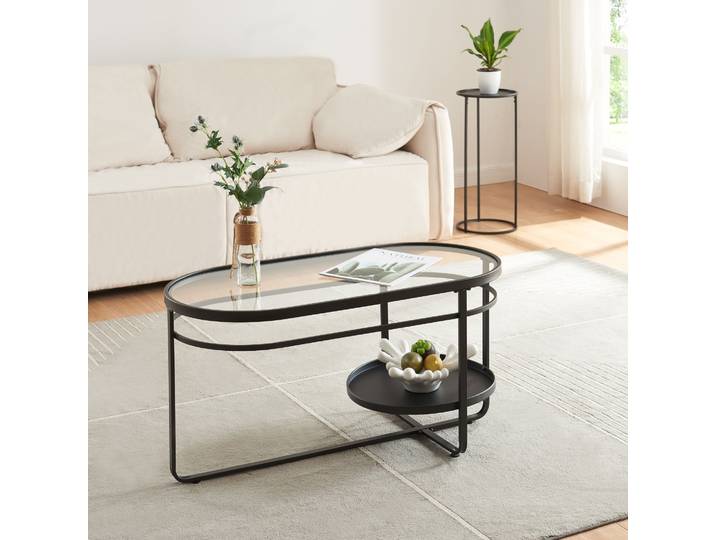Couchtisch 'Kumla' oval Metallgestell mit Glasplatte 90 x 42,5 x 46 cm Schwarz
