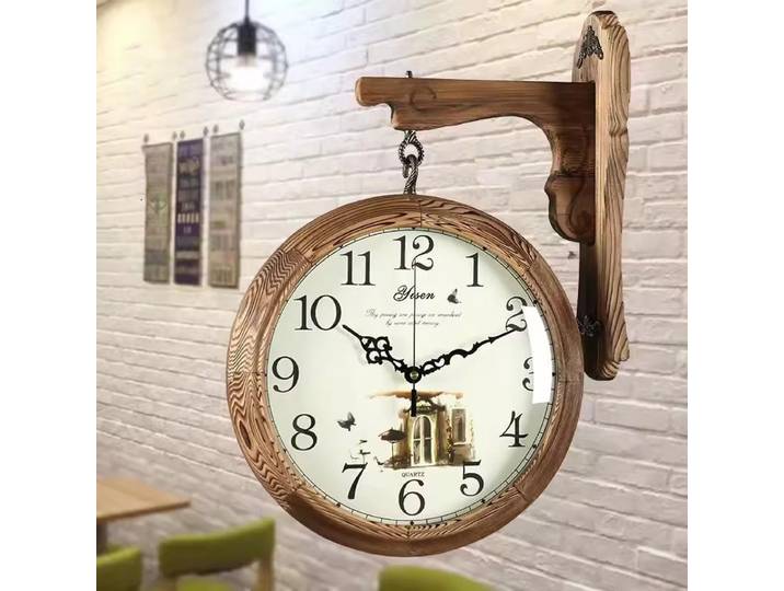 Horloges murales en bois double face salon horloge murale nordique rétro couloir horloge silencieuse élégant luxe horloges à Quartz décoratives