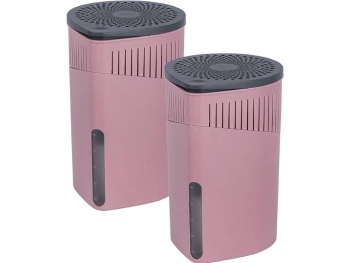 WENKO Raumentfeuchter Mod. Drop Feuchtigkeitskiller 2er Set Luftentfeuchter für Wohnwagen Keller Bad ohne Strom mit 2 x 1000 g Calciumchlorid rosa für Räume bis 80 m³ Maße Ø 15 x 23 cm Kunststoff