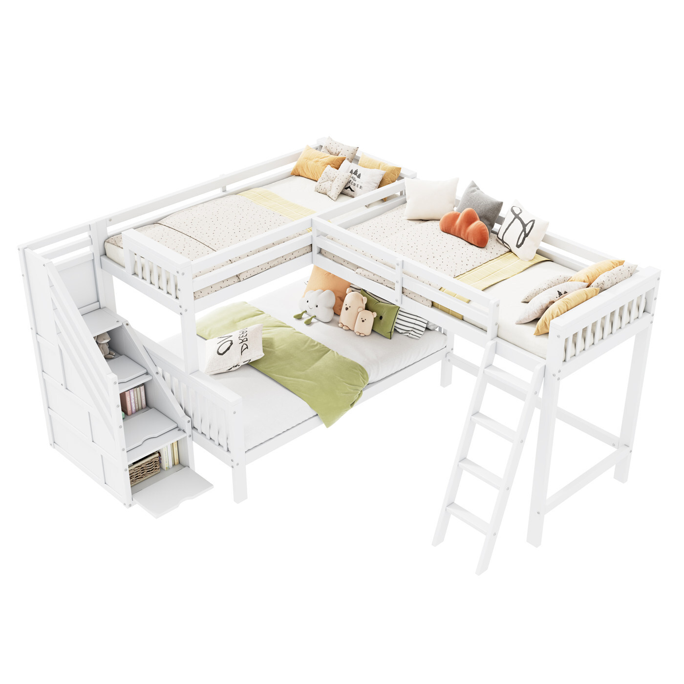Kinderhochbett,Etagenbett,aus Kiefernholz,multifunktionales Kinderbett,Hochbett mit Treppenhaus,140*200cm,90*200cm,weiß