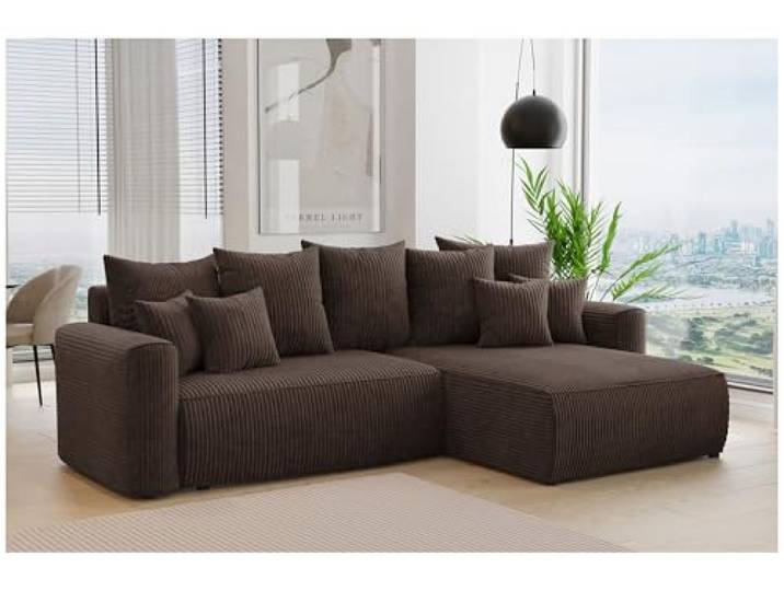 MEBLINI Schlafcouch mit Bettkasten - 260x160x78cm - Dunkelbraun Cordstoff - Bali - Kleines Ecksofa mit Schlaffunktion - Sofa mit Relaxfunktion und Kissen - Kleine Couch L-Form - Eckcouch