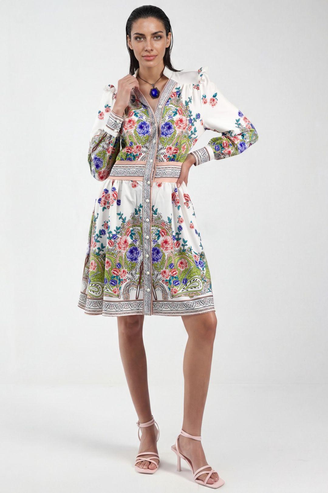 Rüschendetails Paisley V-Ausschnitt Mini Skaterkleid
