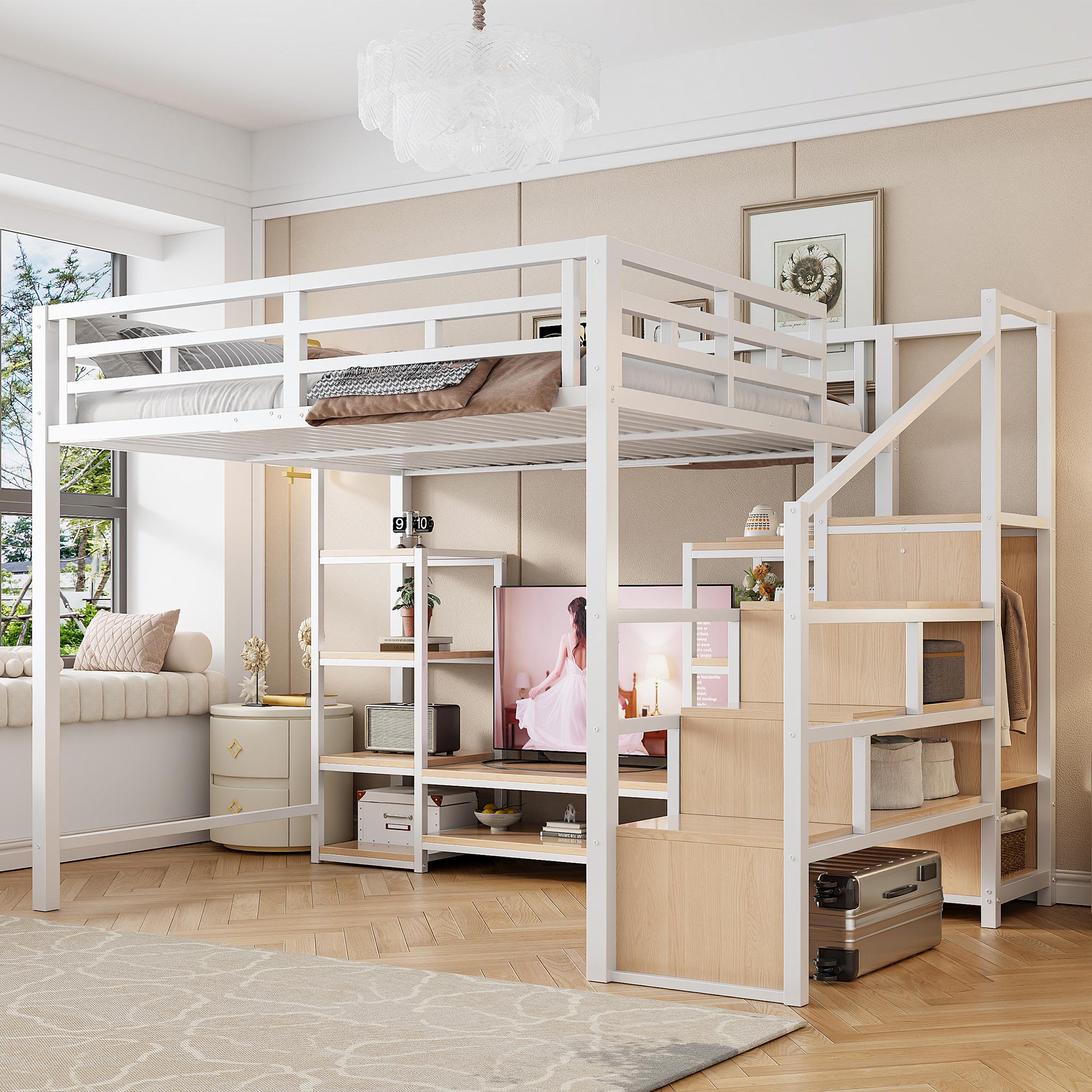MODFU Hochbett Jugendbett 140x200 mit Steckdose und Offener Stauraum Bettgestell Funktionsbett mit TV-Ständer Doppelbett mit Stauraumtreppe ohne Matratze Weiß