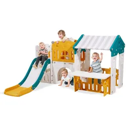 VEVOR Outdoor Spielhaus Outdoor Gartenhaus Cottage (Rutsche/Basketball/Teleskop/Lenkrad/Krabbeltunnel/Verkaufsfenster) Kinderspielhaus für Kleinkinder ab 1 Jahr HDPE-Kunststoff Kinderhaus
