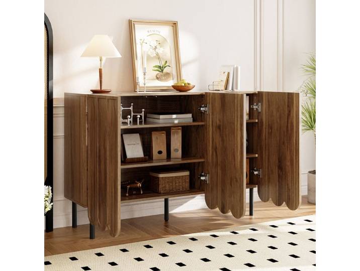MODENUIT Buffet 120x35x80 cm Meuble bas avec portes ondulées sans poignée étagère et pieds réglables en MDF marron