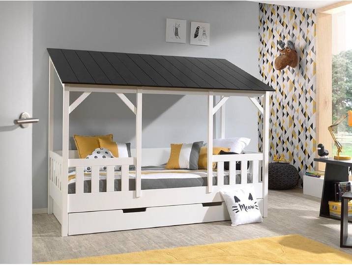 Kinderbett VIPACK Hausbett, aus MDF und Massivholz, Dach schwarz oder weiß , schwarz-weiß (weiß, schwarz), B:105cm H:174cm L:214cm, Betten, Kinderbett, wahlweise mit oder ohne Bettschublade auf Rollen