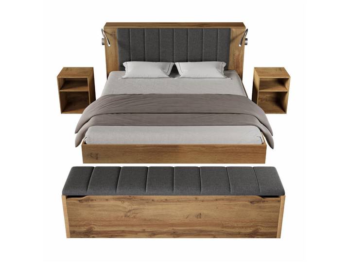 Okwish Doppelbett 160/200 cm Eiche aus Holz mit USB-Leselampen, Eichefarben, 160x200 cm, Schlafzimmer, Betten