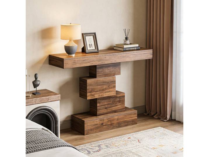 Console Table 108x30x80 Cm Brun Foncé\, Base Géométrique\, Panneaux De Particules E1\, Meubliv