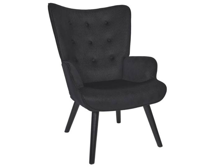 Fauteuil tissu velours côtelé noir et piétement hévéa laqué noir