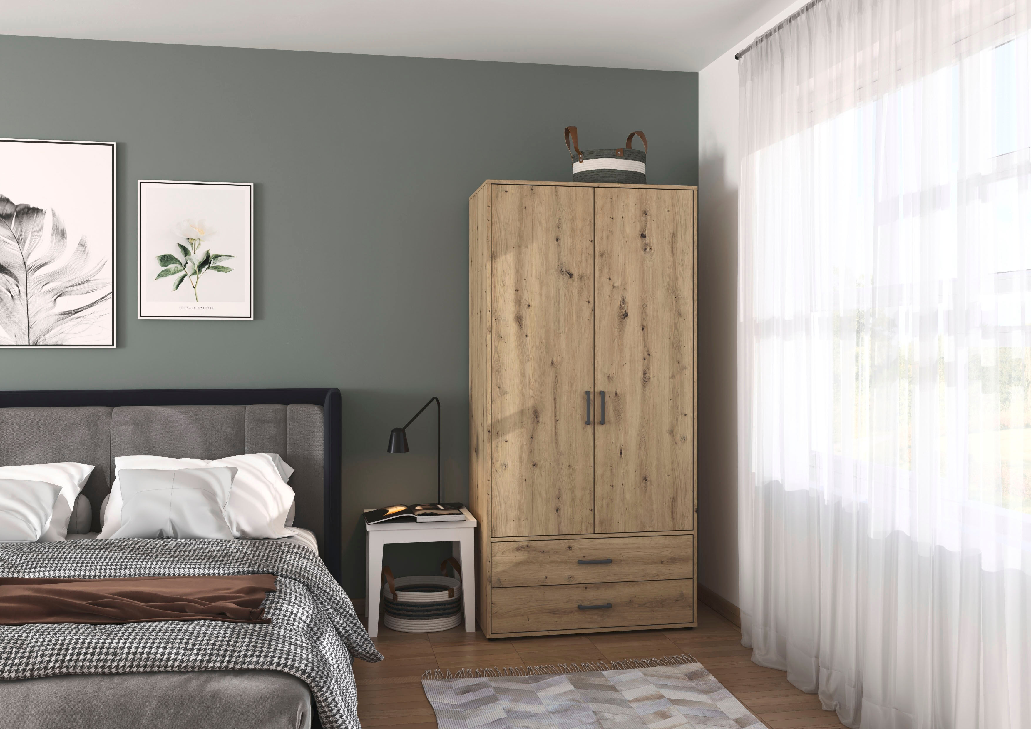 Drehtürenschrank RAUCH "Kleiderschrank Schrank Garderobe Wäscheschrank VOYAGER", braun (eiche artisan, griffe graumetallic), B:93cm H:194cm T:53cm, Holzwerkstoff, Schränke, Drehtürenschrank, mit 2 modernen Griffvarianten, mit Aussenschubladen MADE IN GERM