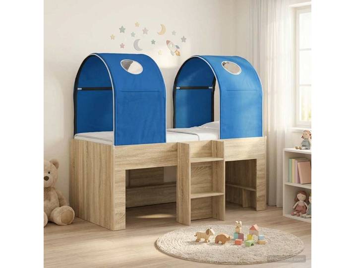 furnicato Bettgestell 163 x 101 x 68,5 cm Sonoma und Blau Massivholz Kinderbett (1-tlg), Stauraumlösung für Kinderhochbett mit zwei Bett-Tunneln